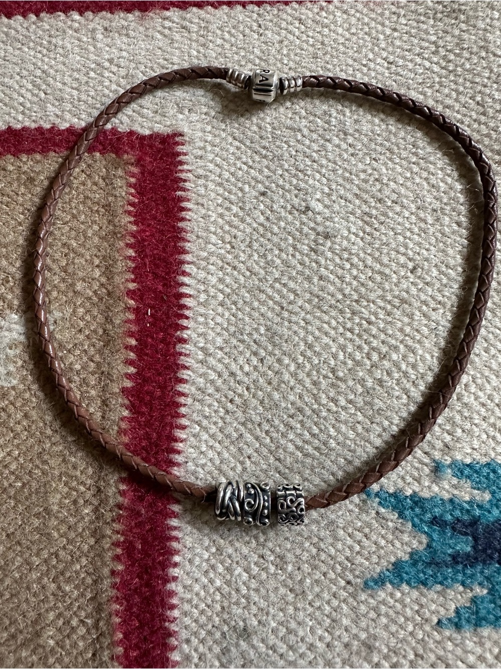 Pandora Sterling Braided Leather Necklace With 3 Charms